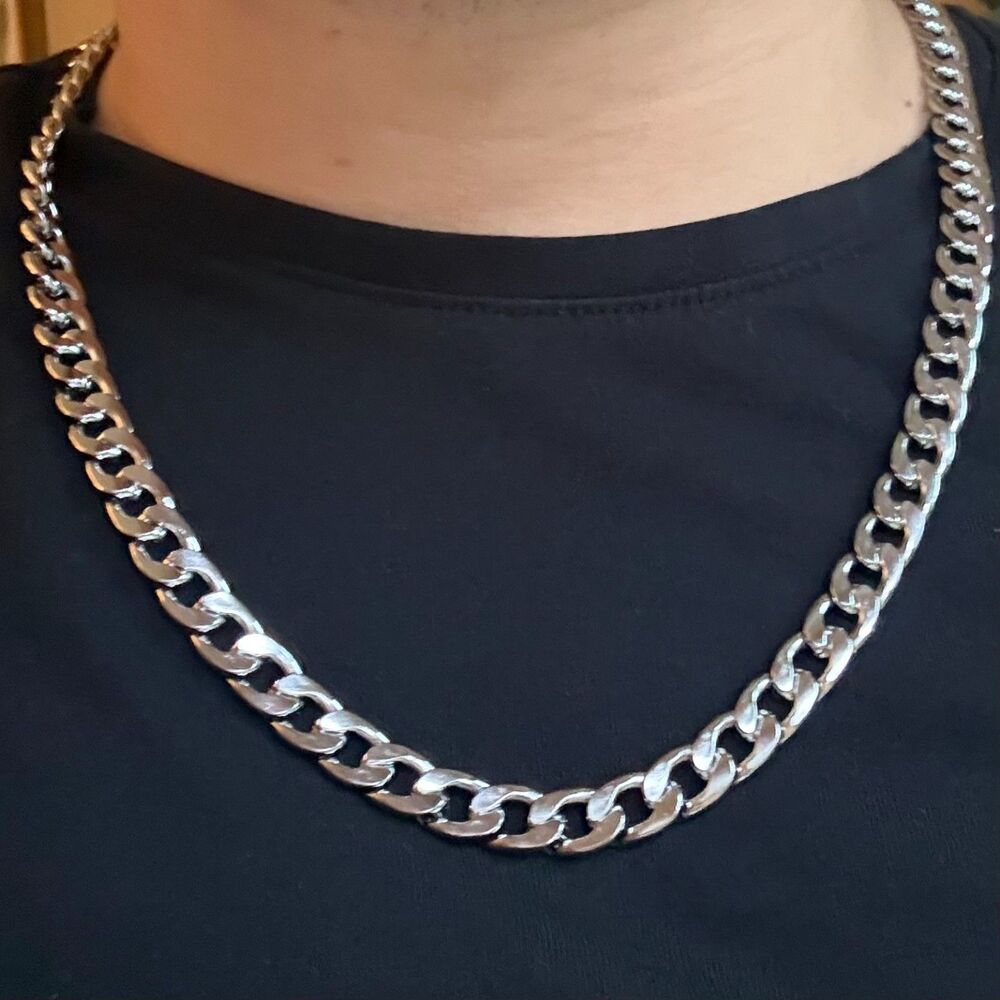 24" 8mm Silver Cuban Link Chain Necklace Stainless Steel Mid Size Men Women